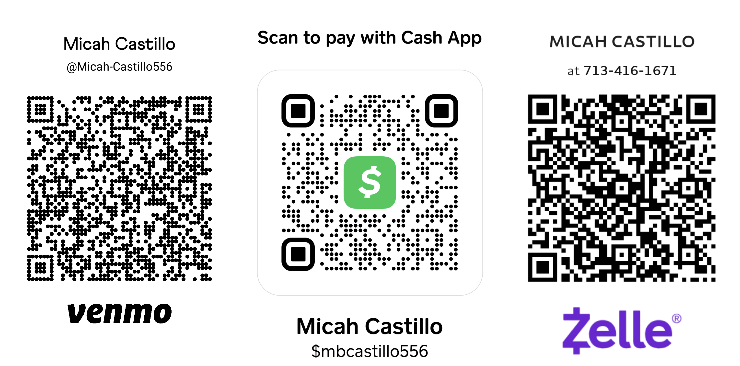 Payment methods: Venmo, Cash App, Zelle
